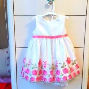 white satin and pink floral dress with matching bloomers